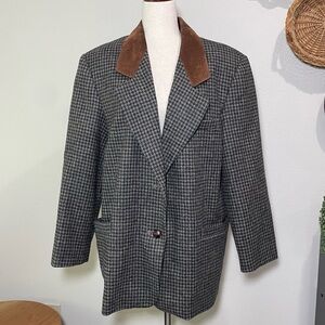 Women's Wool Houndstooth Blazer Jacket Suede Collar VTG Maurices Size Large
